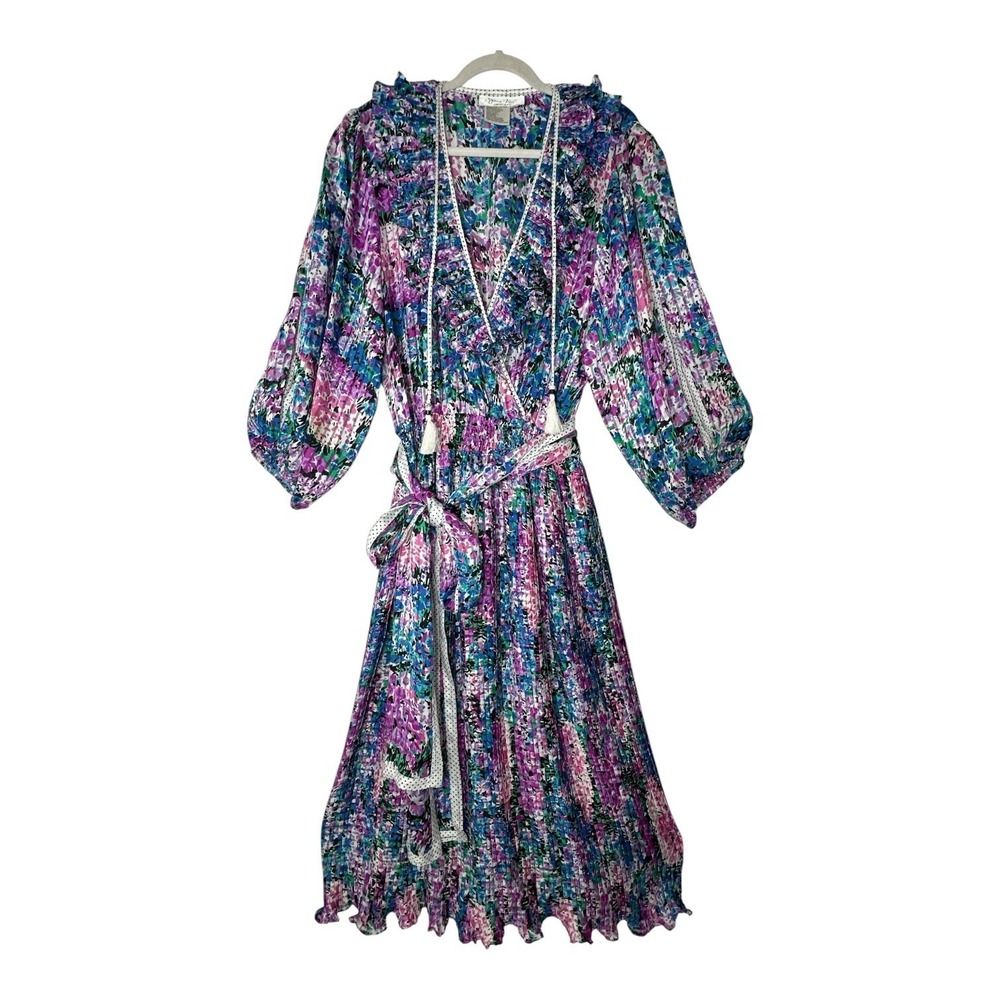 Diane Freis Maxi Dress Women's 1X Floral Pleated Smocked Waist Y2K Long Sleeve